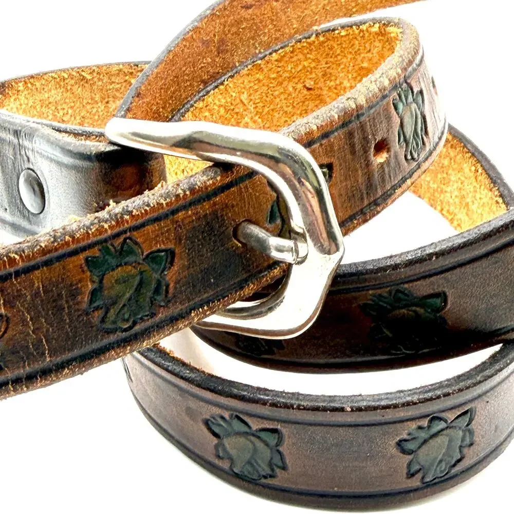 Vintage 70s Brown Genuine Leather Hand Stamped Green Rose Boho Western Belt